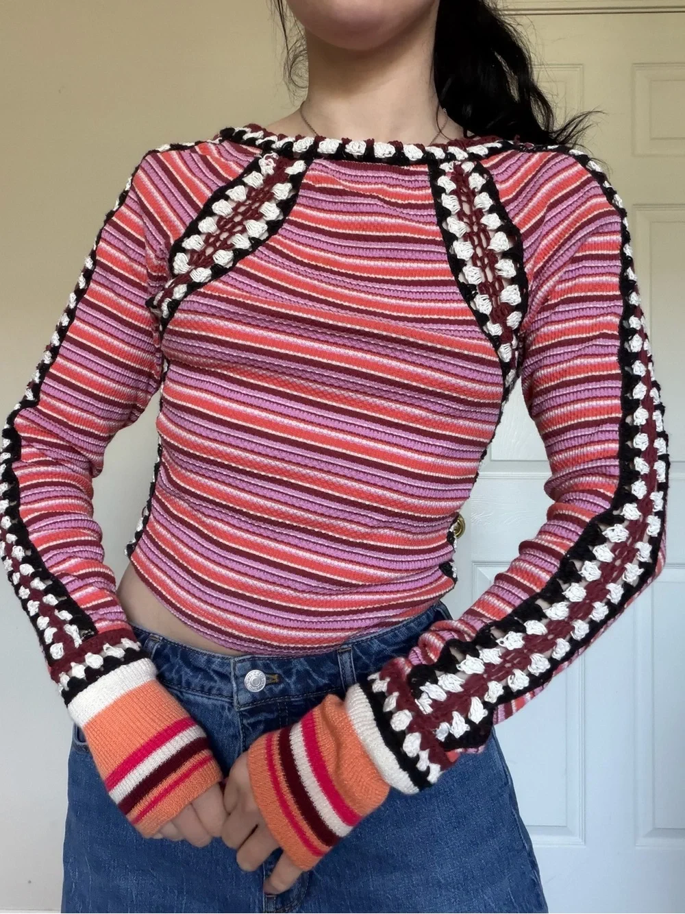 Free People Striped Orange & Black Long-Sleeve Knit Top xs
